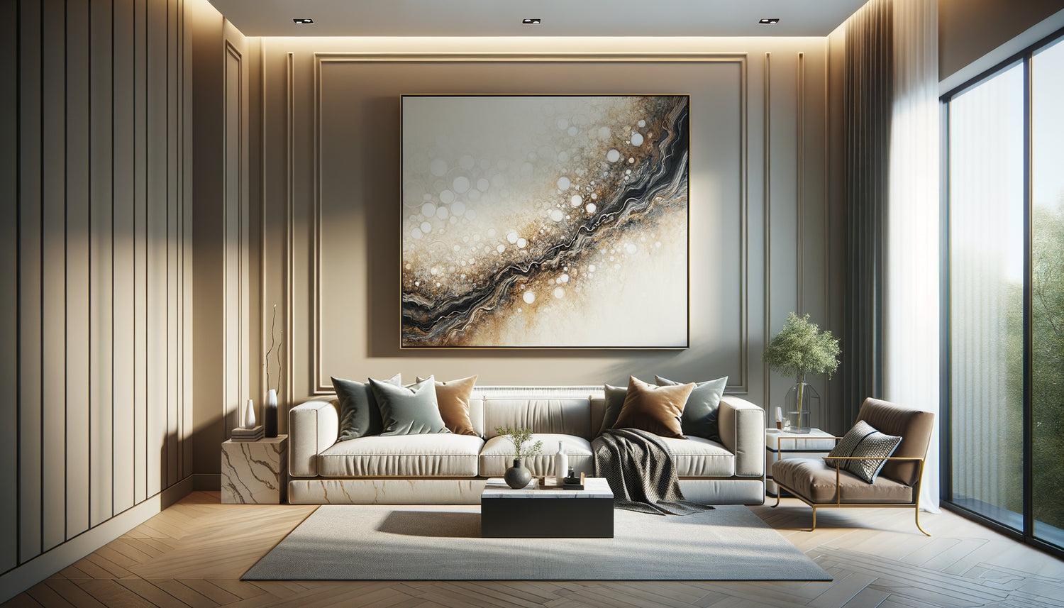Tableau contemporain positionné à hauteur idéale de 145 cm créant un point focal équilibré dans salon moderne