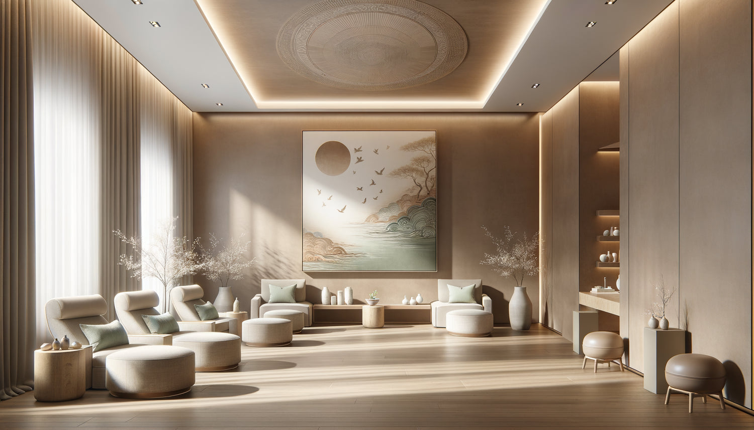 Intérieur apaisant de spa moderne avec tableau zen positionné stratégiquement pour optimiser la sérénité des clients