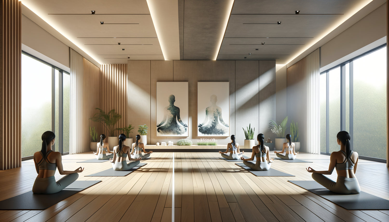 Studio de yoga contemporain montrant deux options de positionnement d'un tableau décoratif par rapport aux pratiquants en méditation