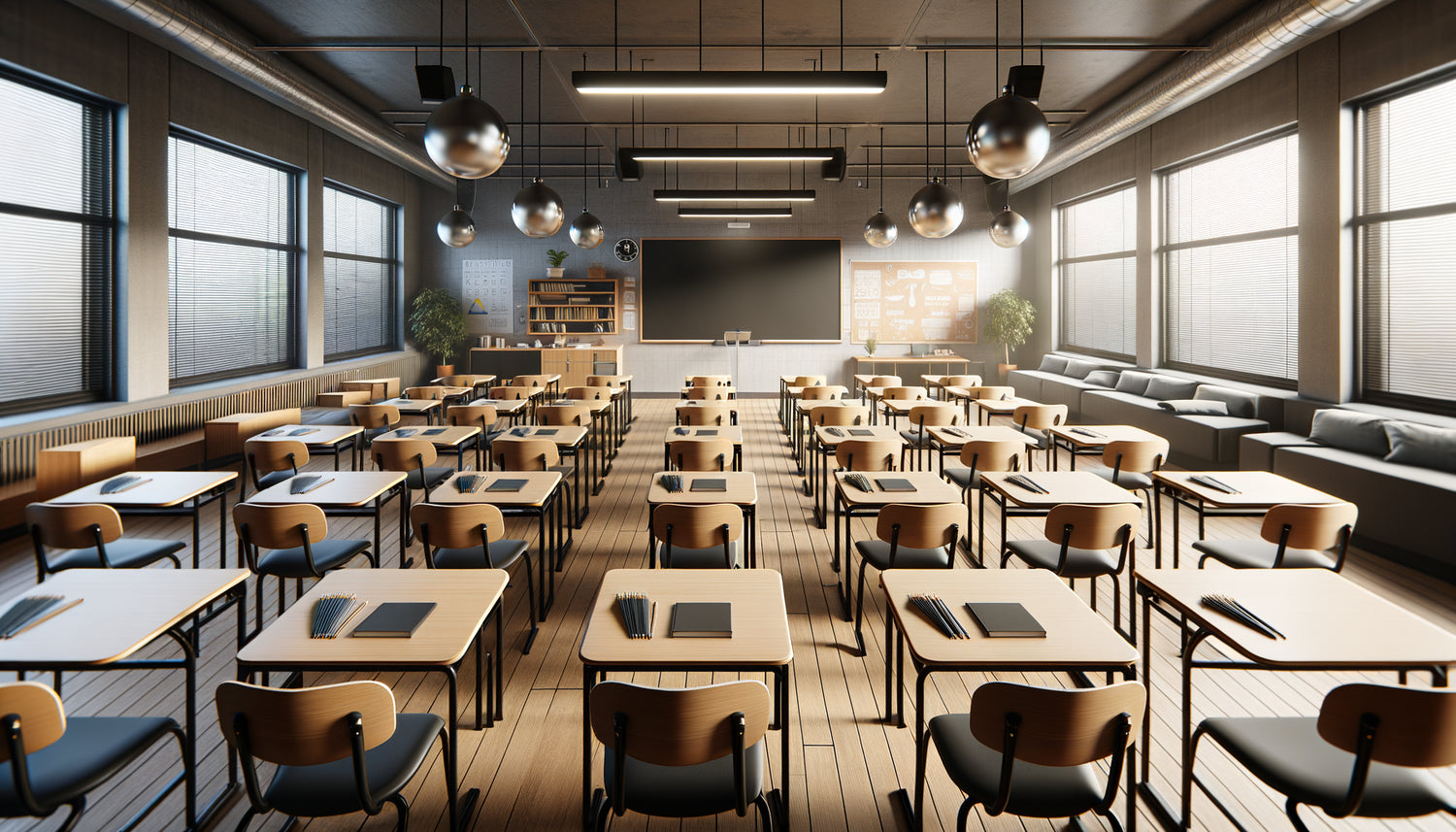 Salle de classe moderne montrant positionnement ergonomique optimal du tableau avec angles de vision depuis différents pupitres d'élèves