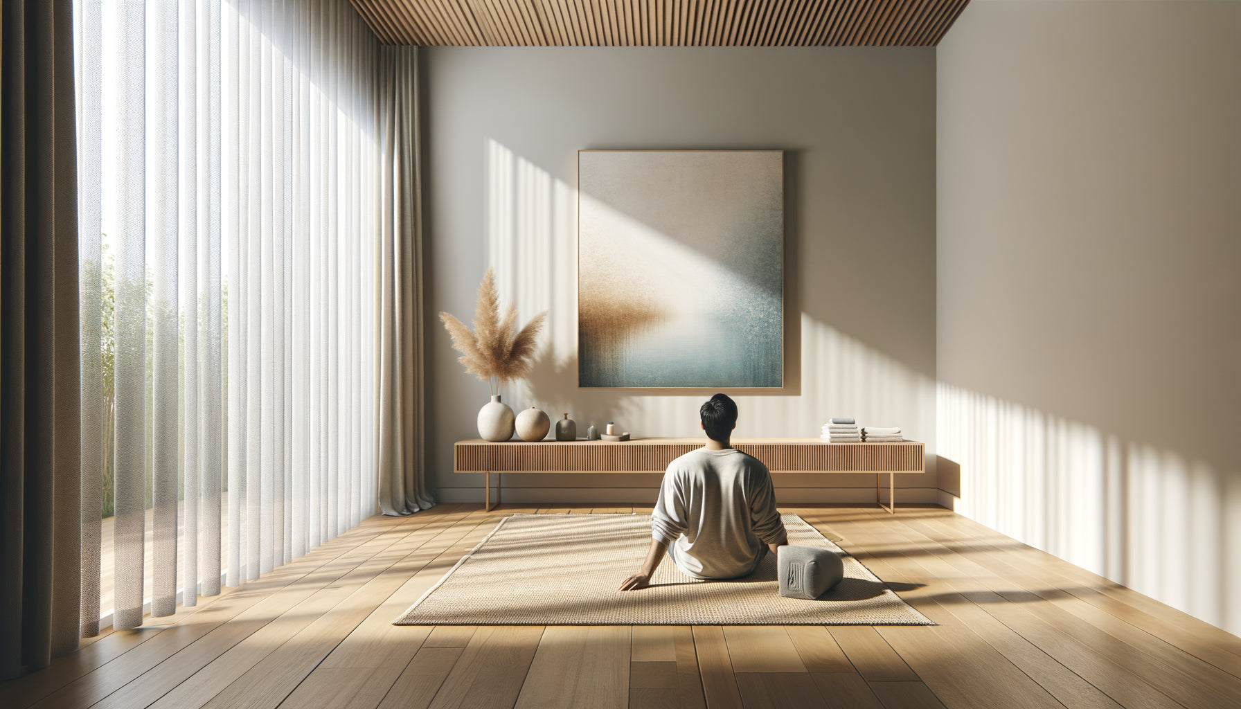 Vue depuis le sol d'un espace yoga montrant un tableau positionné en hauteur visible en position allongée