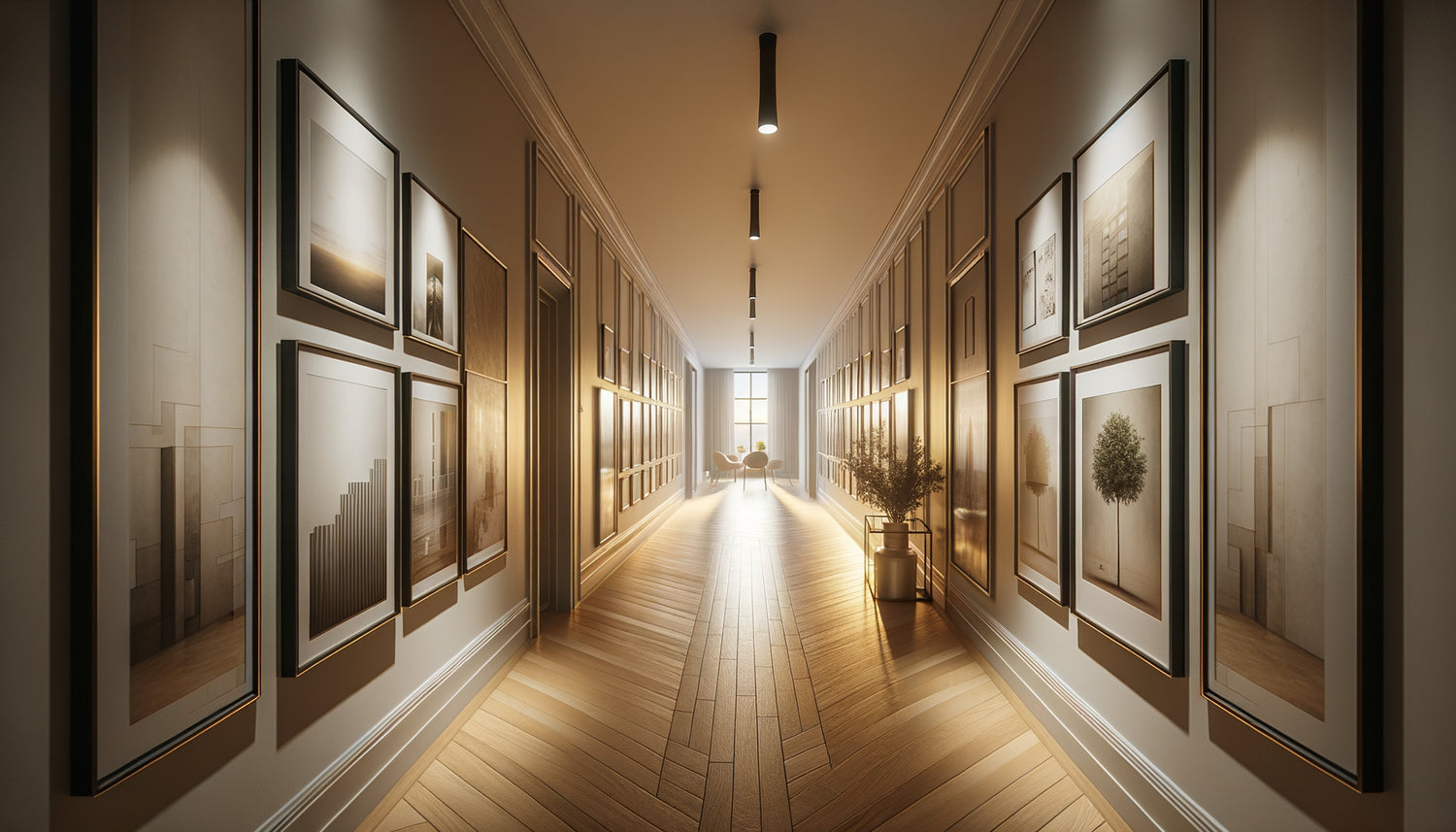 Couloir moderne avec tableaux positionnés stratégiquement créant un parcours visuel guidant vers une pièce illuminée