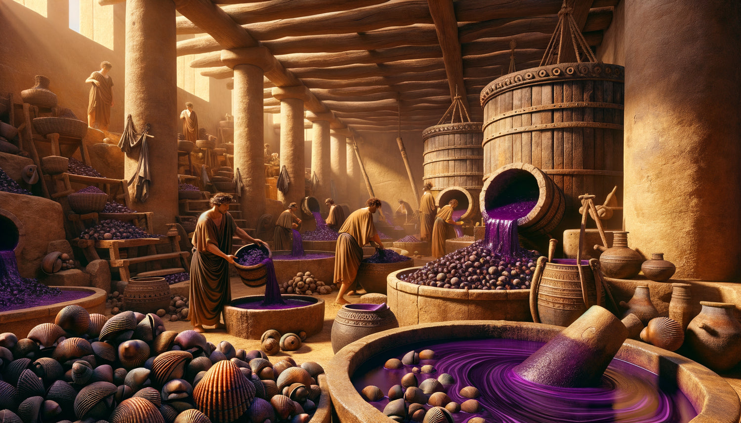 Atelier antique phénicien d'extraction du pourpre de Tyr avec milliers de coquillages murex et cuves de teinture