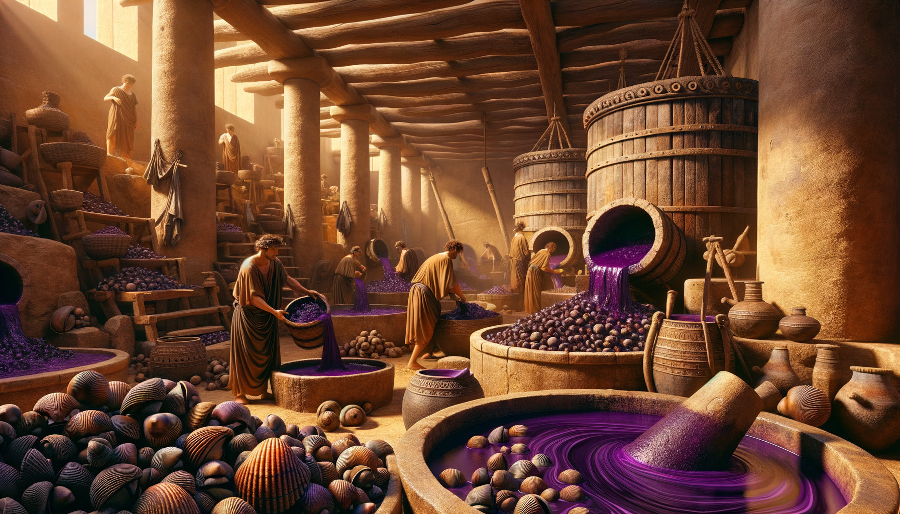 Atelier antique phénicien d'extraction du pourpre de Tyr avec milliers de coquillages murex et cuves de teinture