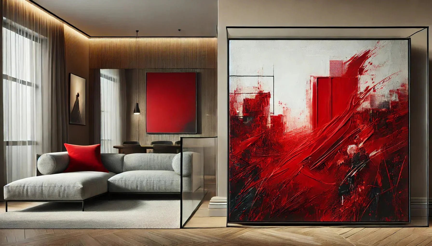 Une toile abstraite rouge expressive et intense accrochée dans un intérieur moderne, mettant en valeur des nuances profondes et un effet artistique vibrant.