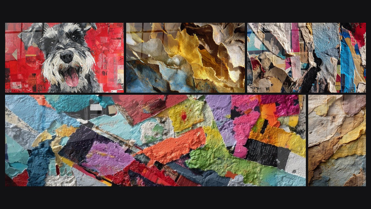 Mosaïque de cinq tableaux, dont Schnauzer Gris sur Fond Rouge Collage, Tissus déchirés et Abstrait urbain déchiré