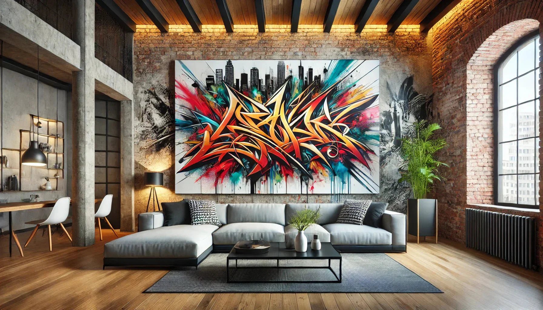 Tableau street art pour salon moderne avec graphisme urbain coloré, apportant une touche contemporaine et dynamique à une décoration intérieure design.