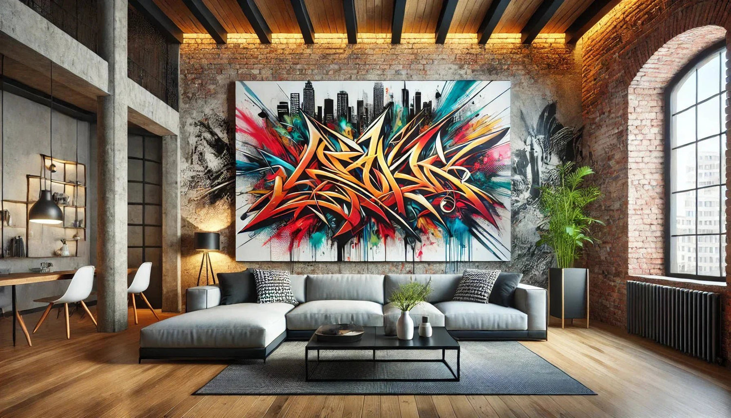 Tableau street art pour salon moderne avec graphisme urbain coloré, apportant une touche contemporaine et dynamique à une décoration intérieure design.