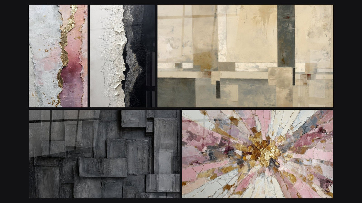 Mosaik aus fünf Gemälden, darunter Gesprungene Textur Weiß und Schwarz und Geometrische Komposition Beige und Grau