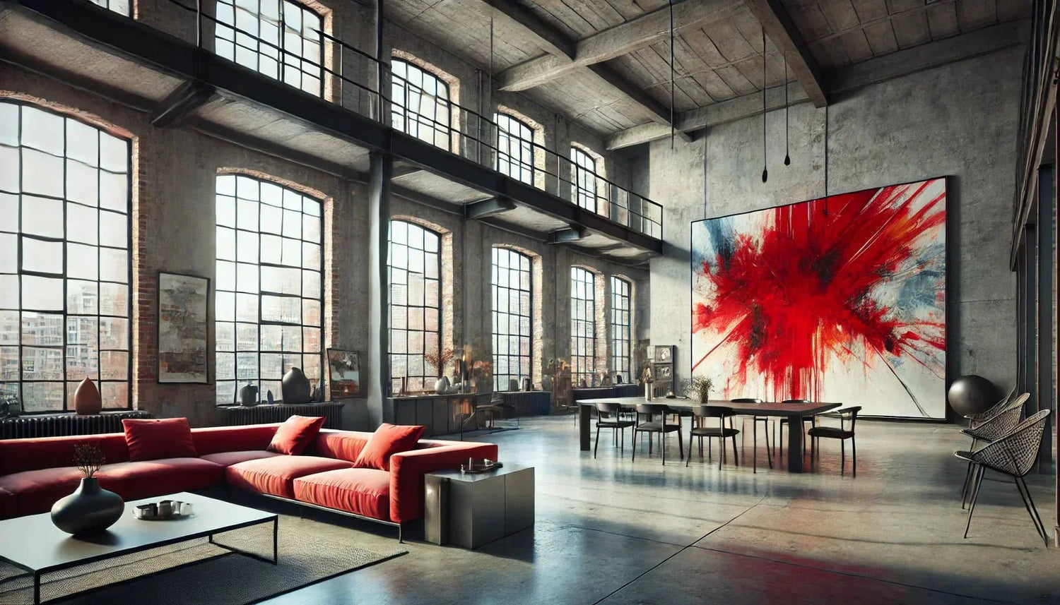 Tableau abstrait moderne rouge sur un mur en béton dans un loft contemporain, mettant en valeur l’harmonie des couleurs et le dynamisme visuel de la décoration murale abstraite.