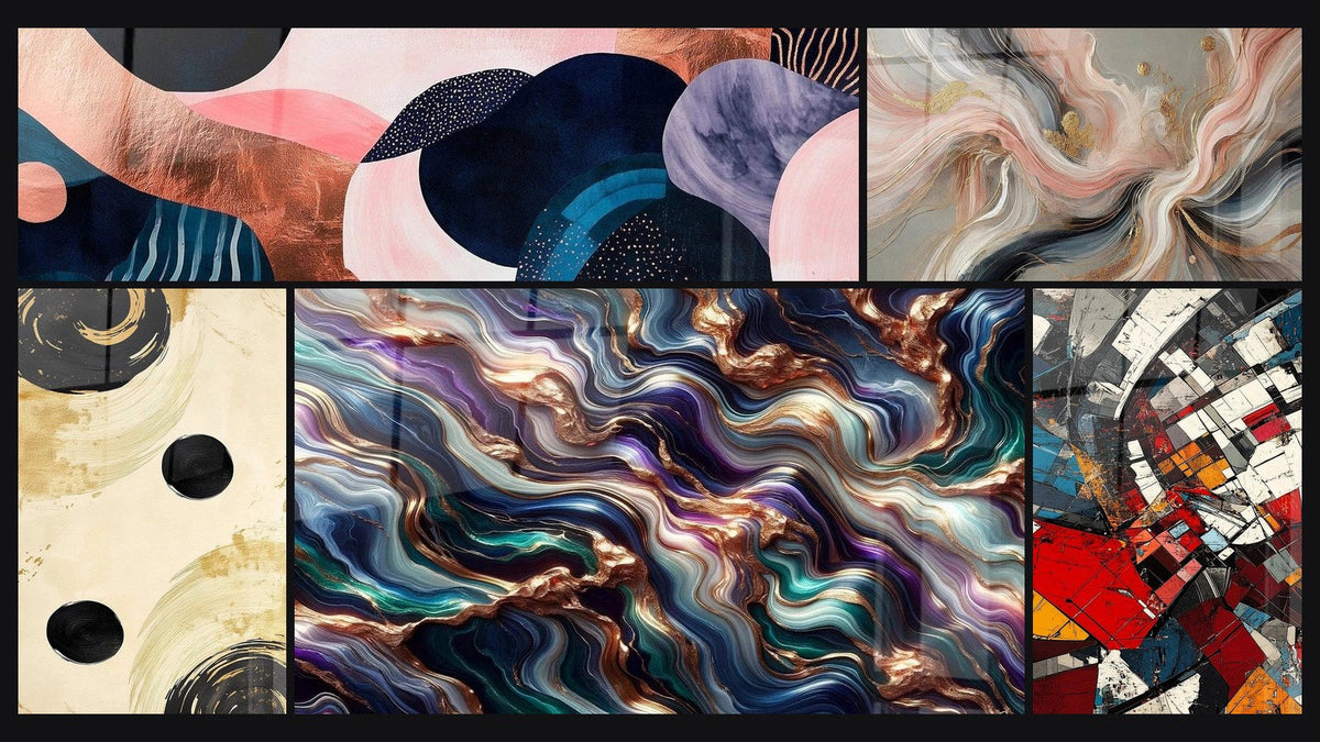 Mosaik aus fünf Gemälden, darunter Symbiose Wellenförmig Koralle, Gleichgewicht Sphäre Schwarz und Seideflüsse