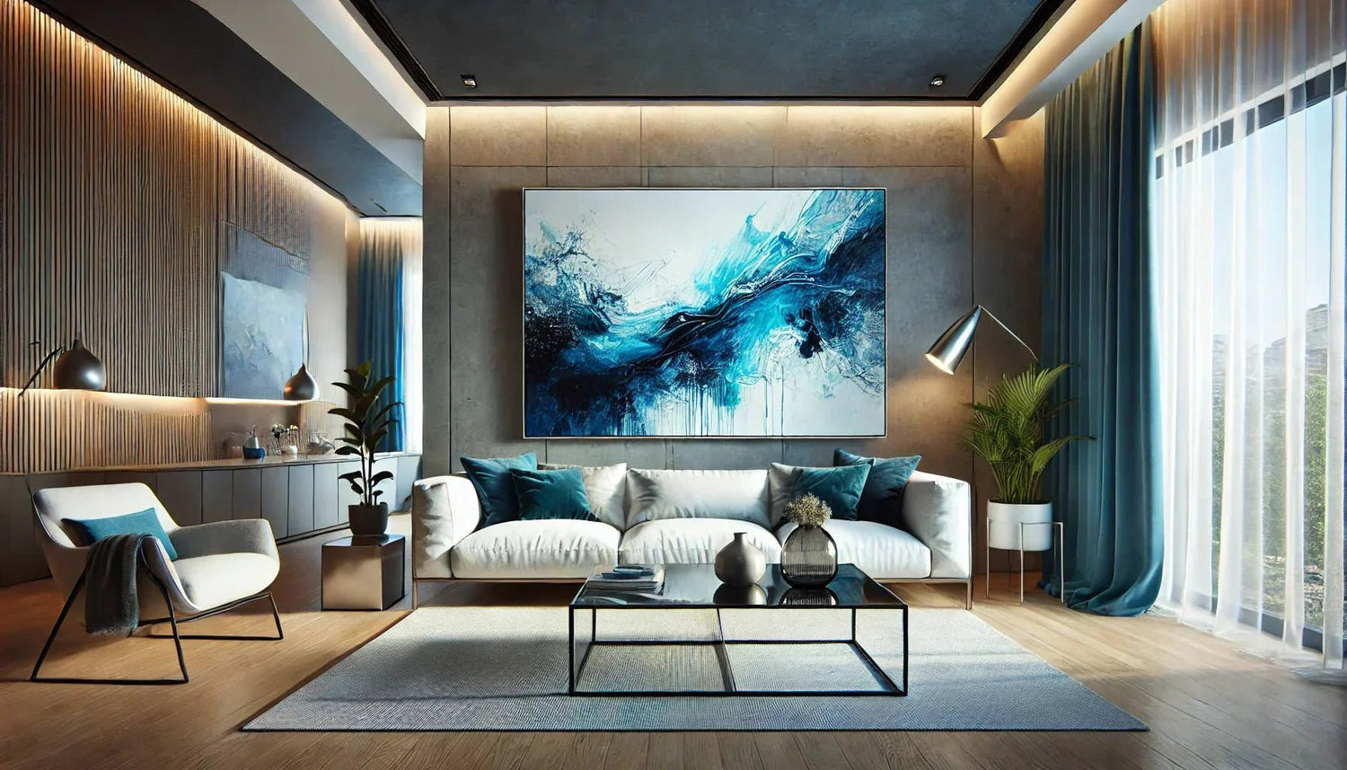 Tableau abstrait bleu XXL accroché dans un salon moderne avec un design minimaliste, mettant en valeur ses nuances de bleu profond et son format imposant.