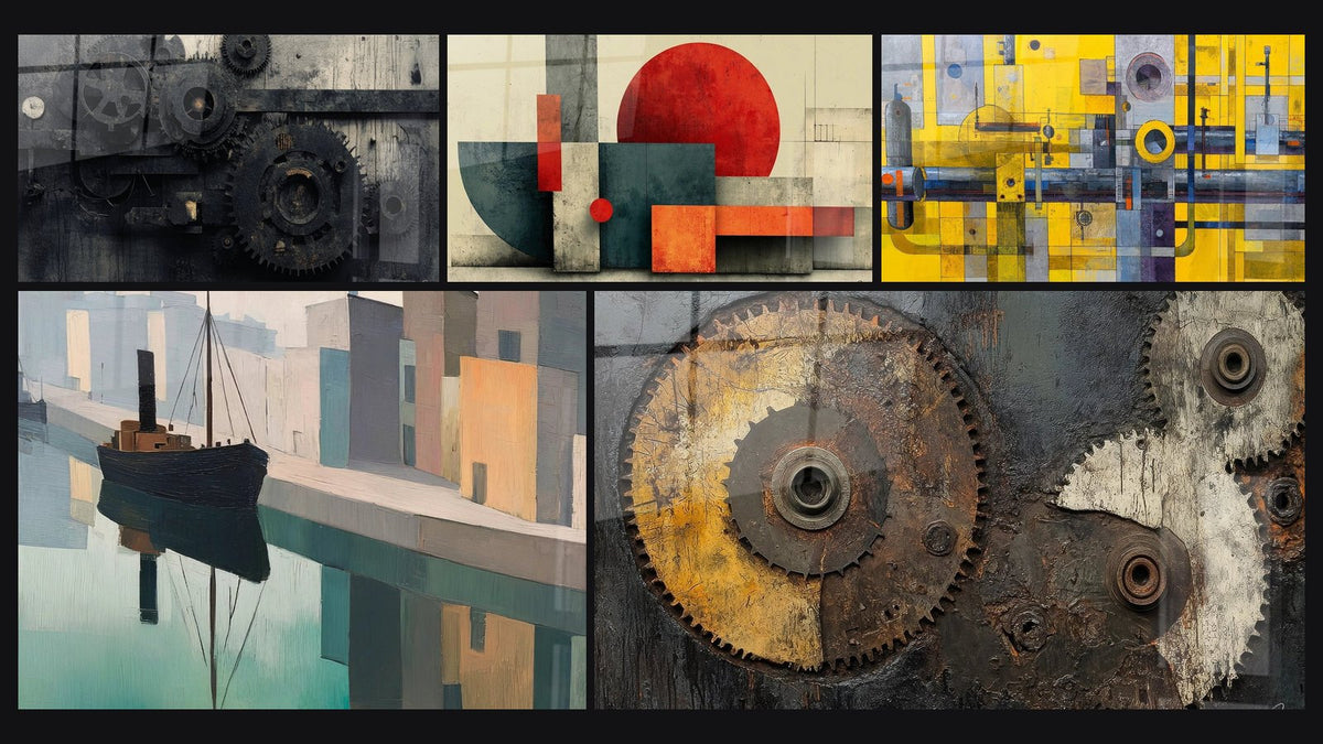 Mosaico di cinque quadri, tra cui Meccanismi industriali a tavola, Portuale industriale e Geometria Sole Industriale