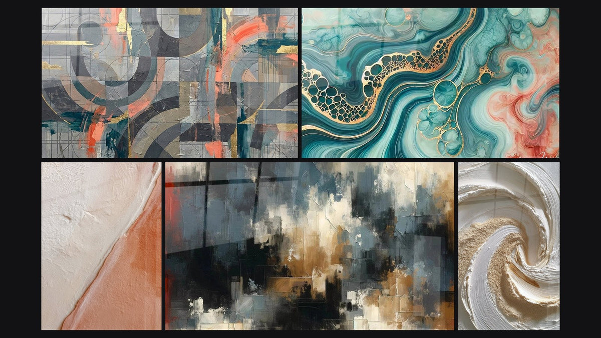 Mosaico de cinco cuadros, entre ellos Círculos grises y coral entrelazados, Marea de Acuarela y Caos Organizado