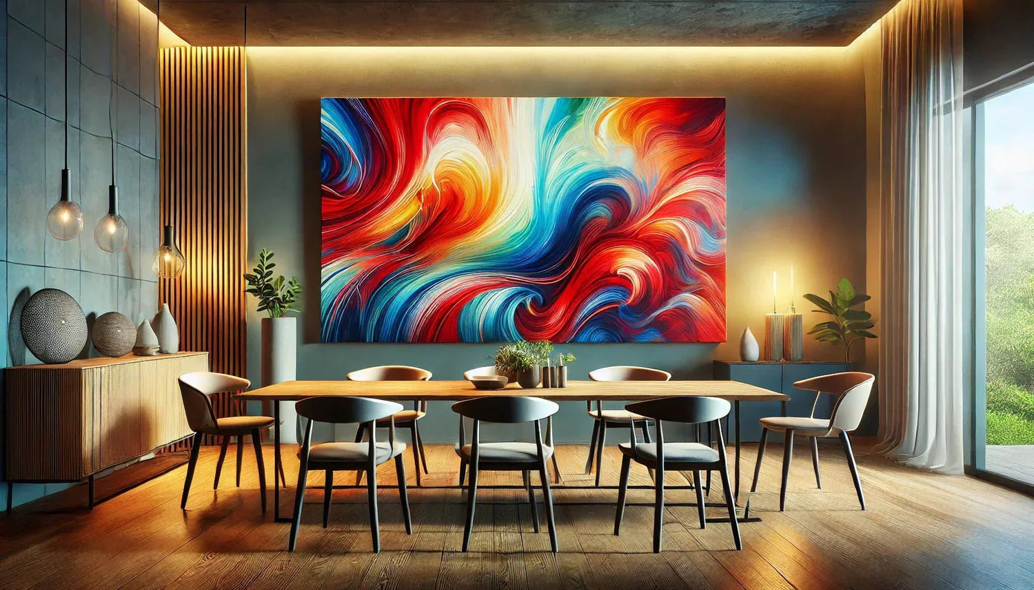 Pourquoi un tableau peinture abstrait multicolore illumine-t-il une salle à manger ?