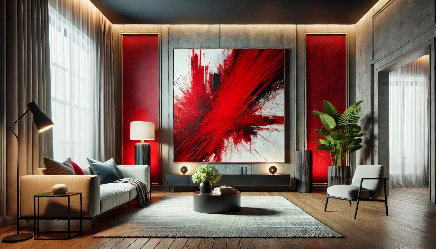 Tableau abstrait rouge moderne accroché sur un mur d’accent, apportant une touche artistique et expressive à la décoration murale contemporaine.