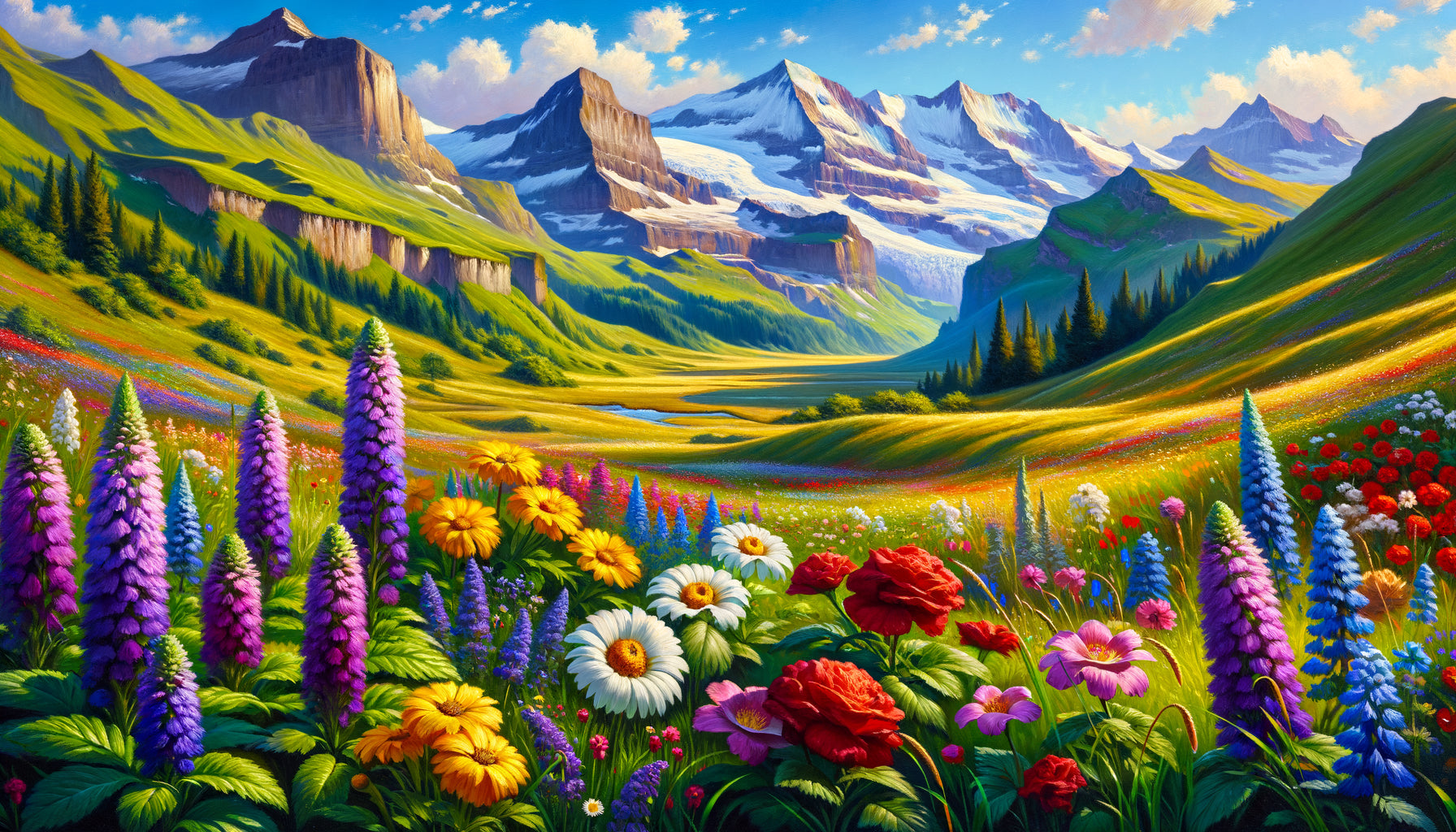 Peinture traditionnelle suisse de prairie alpine fleurie en été avec gentiane, edelweiss et sommets enneigés