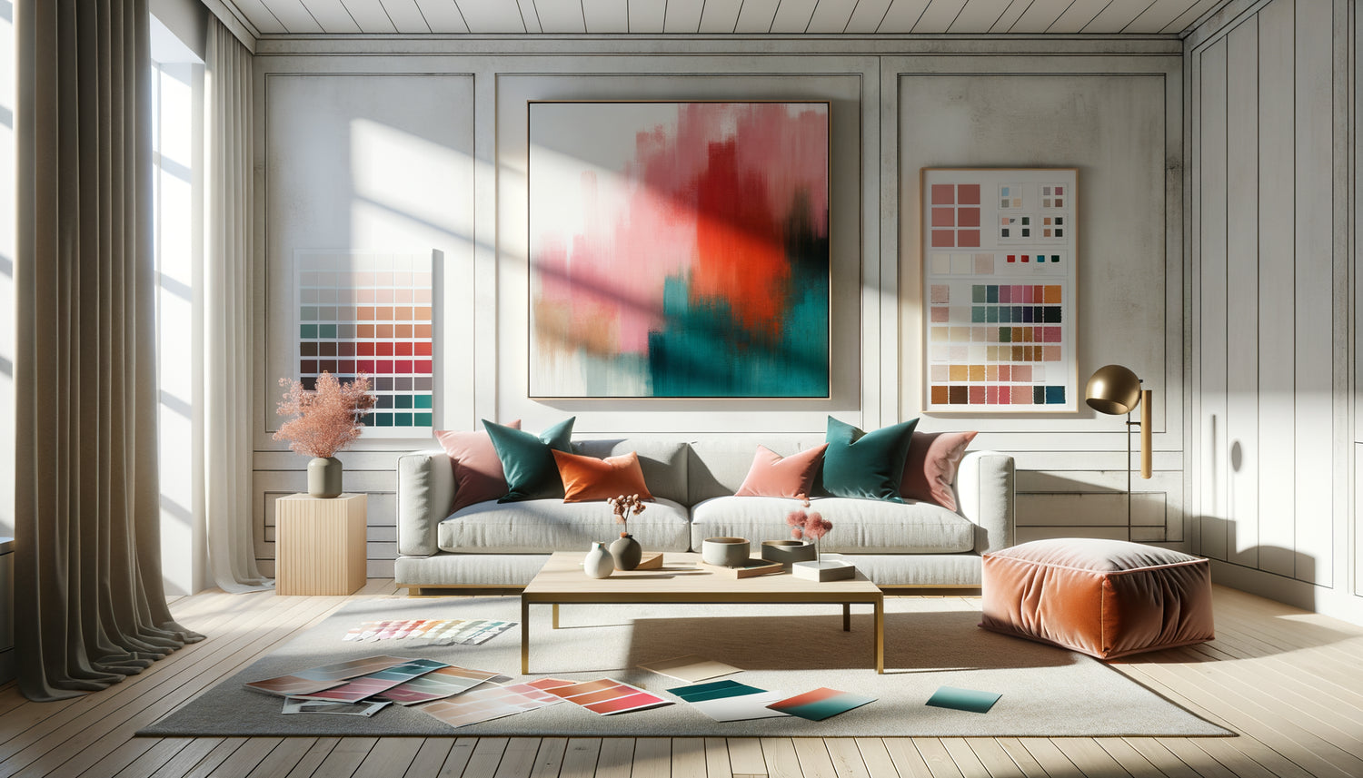 Intérieur contemporain en cours de décoration avec tableau abstrait comme référence chromatique centrale et échantillons de couleurs coordonnés