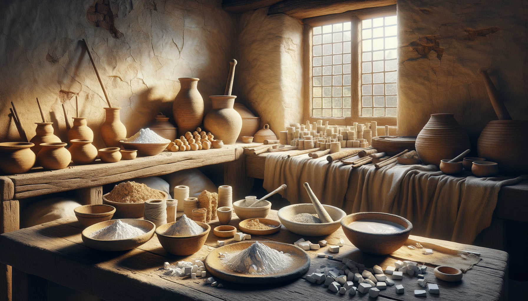 Atelier artisanal historique montrant la préparation traditionnelle de l'argile kaolin blanc pour fresques murales anciennes