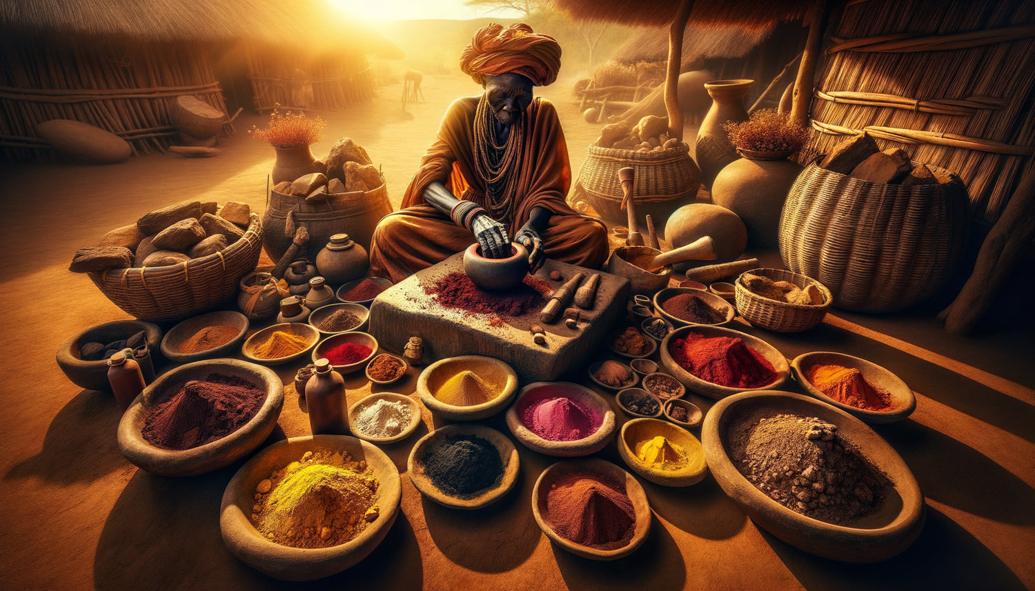 Préparation artisanale traditionnelle africaine de pigments naturels ocre, argile et végétaux pour peintures murales ancestrales