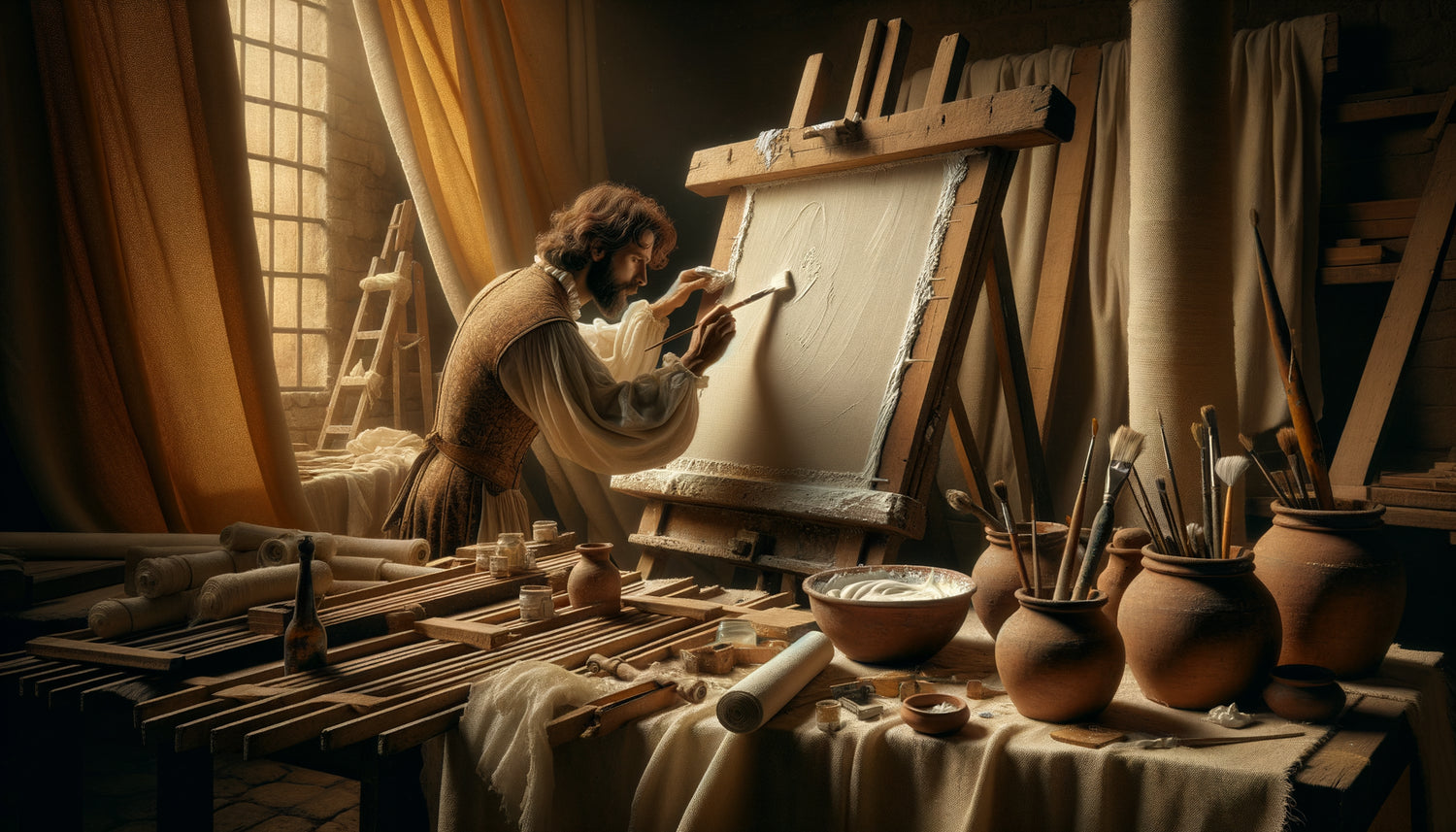 Atelier de peintre ancien préparant une toile avec gesso et colle animale, technique artisanale préindustrielle