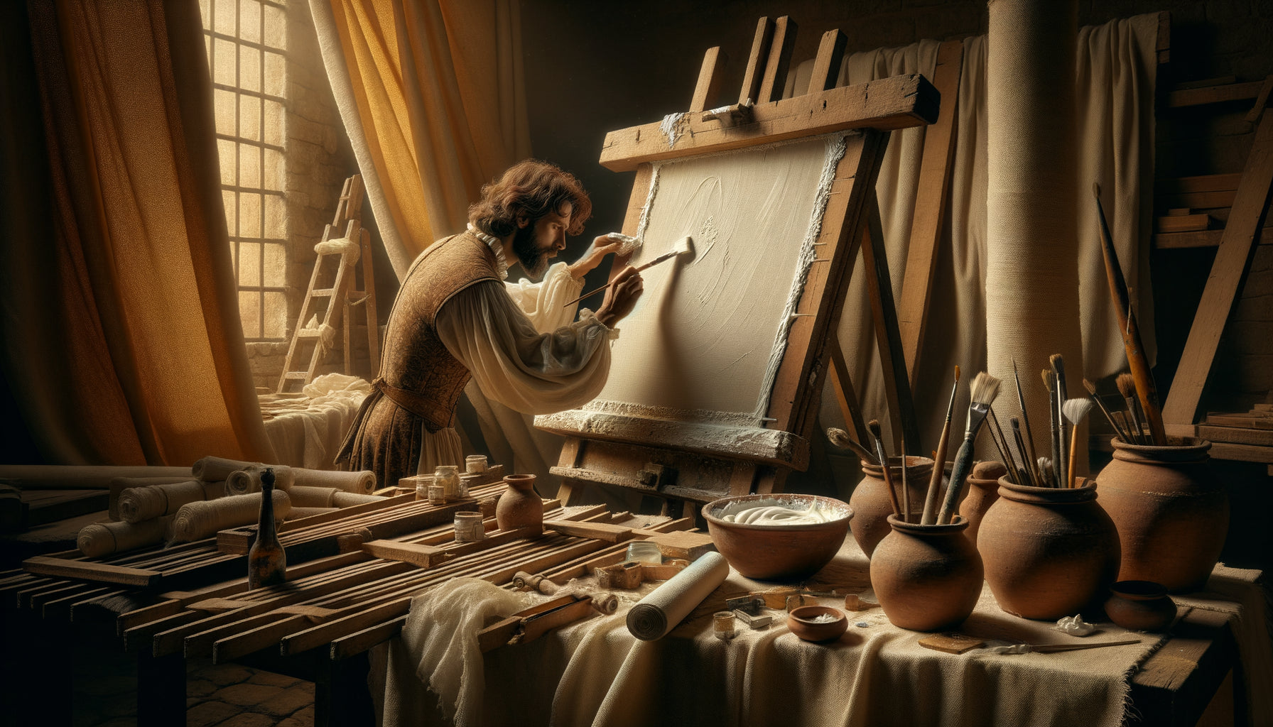 Atelier de peintre ancien préparant une toile avec gesso et colle animale, technique artisanale préindustrielle