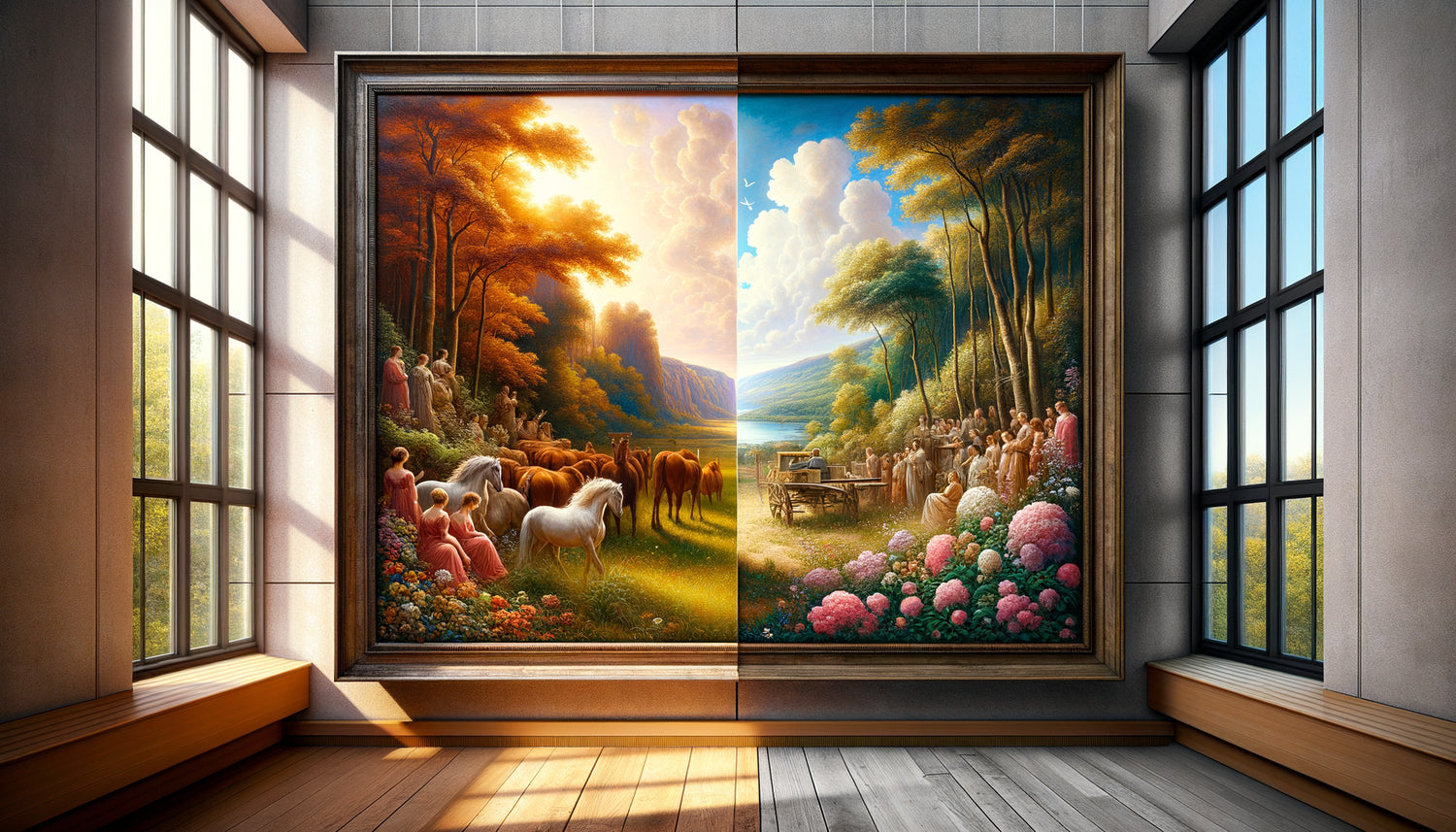 Comparaison photographique d'un tableau protégé par verre anti-UV versus décoloré par lumière naturelle, démonstration conservation art