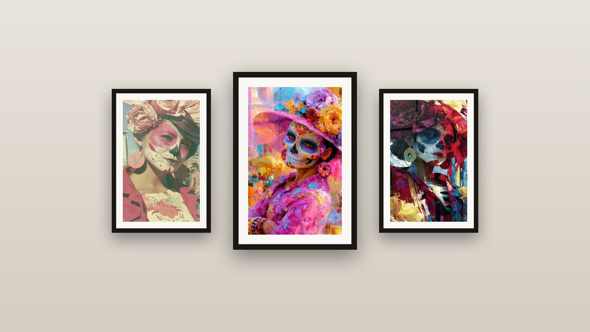 Gallery wall with three framed paintings