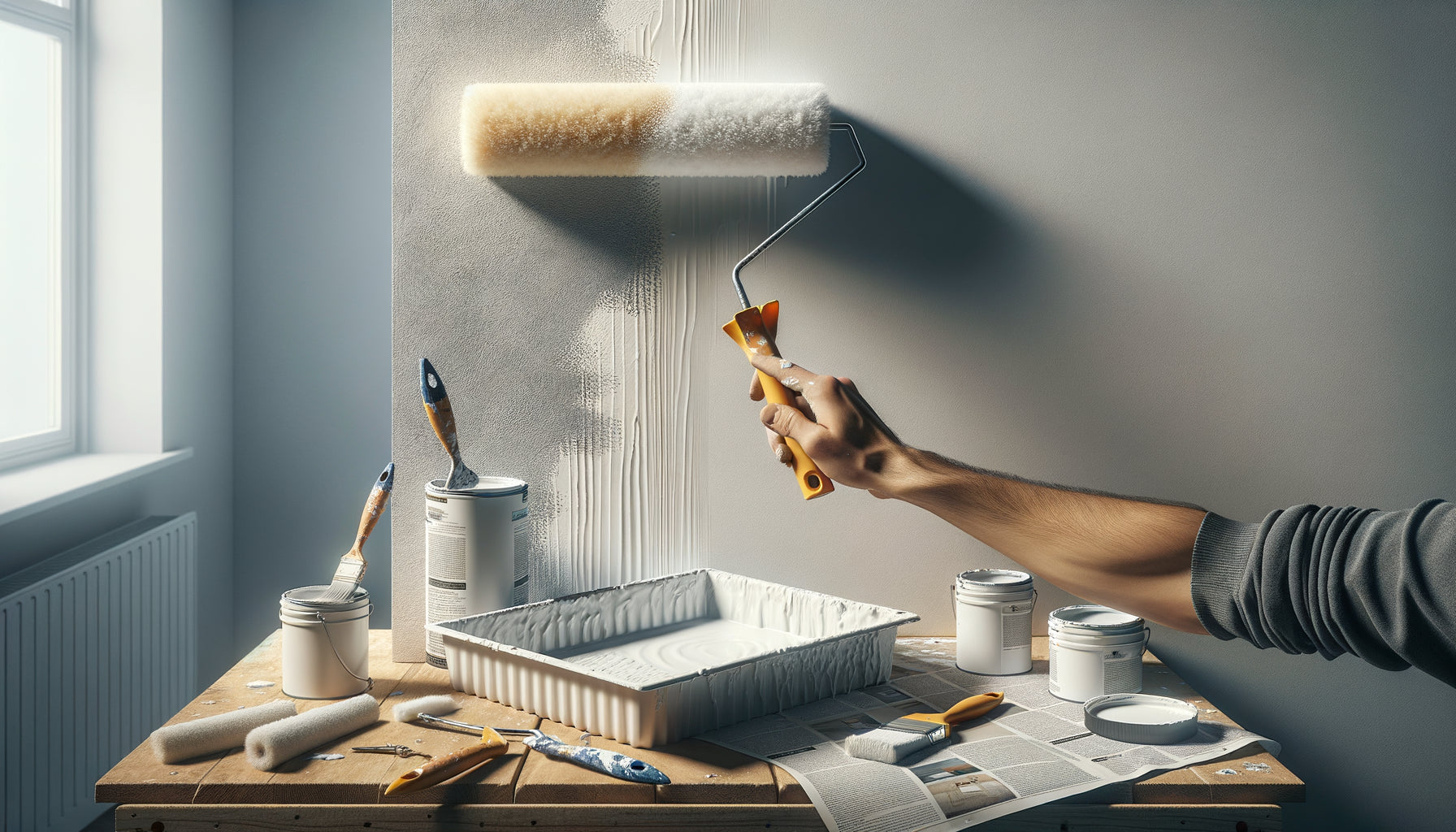 Application au rouleau d'un primaire d'accrochage blanc sur mur peint en peinture glycéro brillante