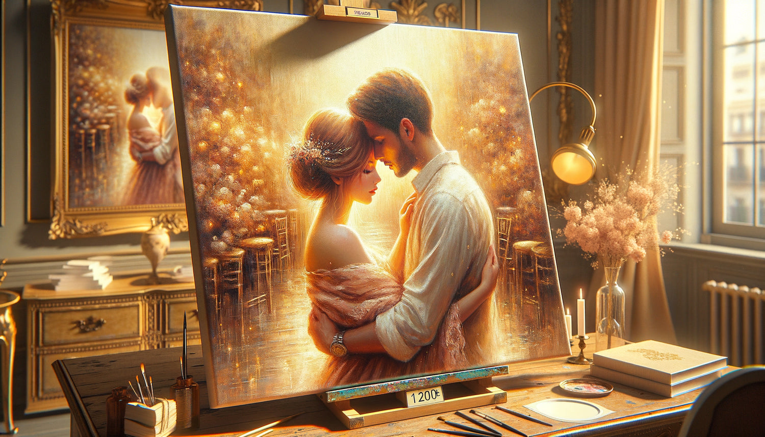 Tableau romantique contemporain original montrant un couple enlacé, peinture à l'huile de qualité galerie avec étiquette de prix