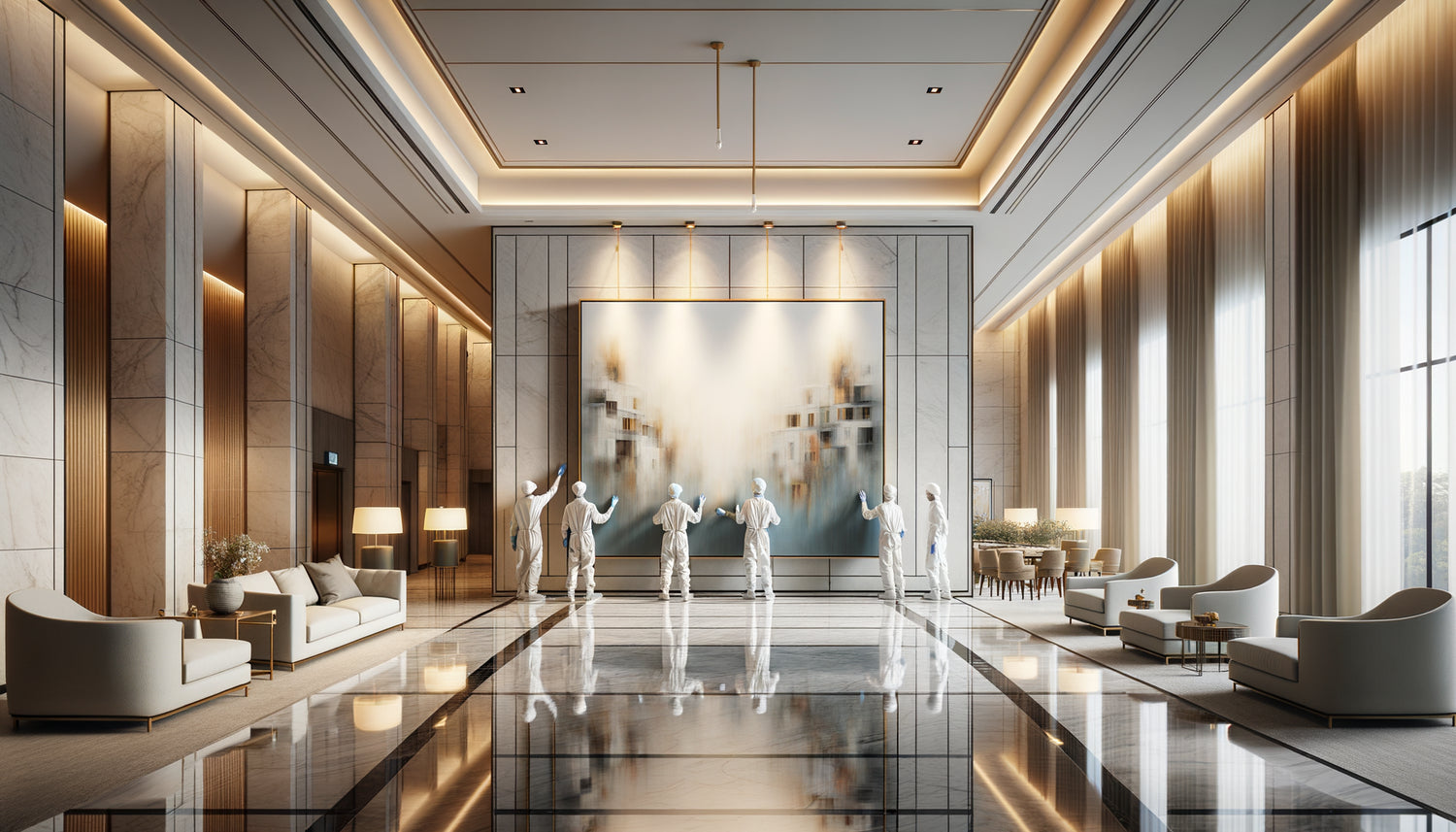 Installation d'œuvre d'art contemporaine en rotation dans un hall d'hôtel de luxe moderne
