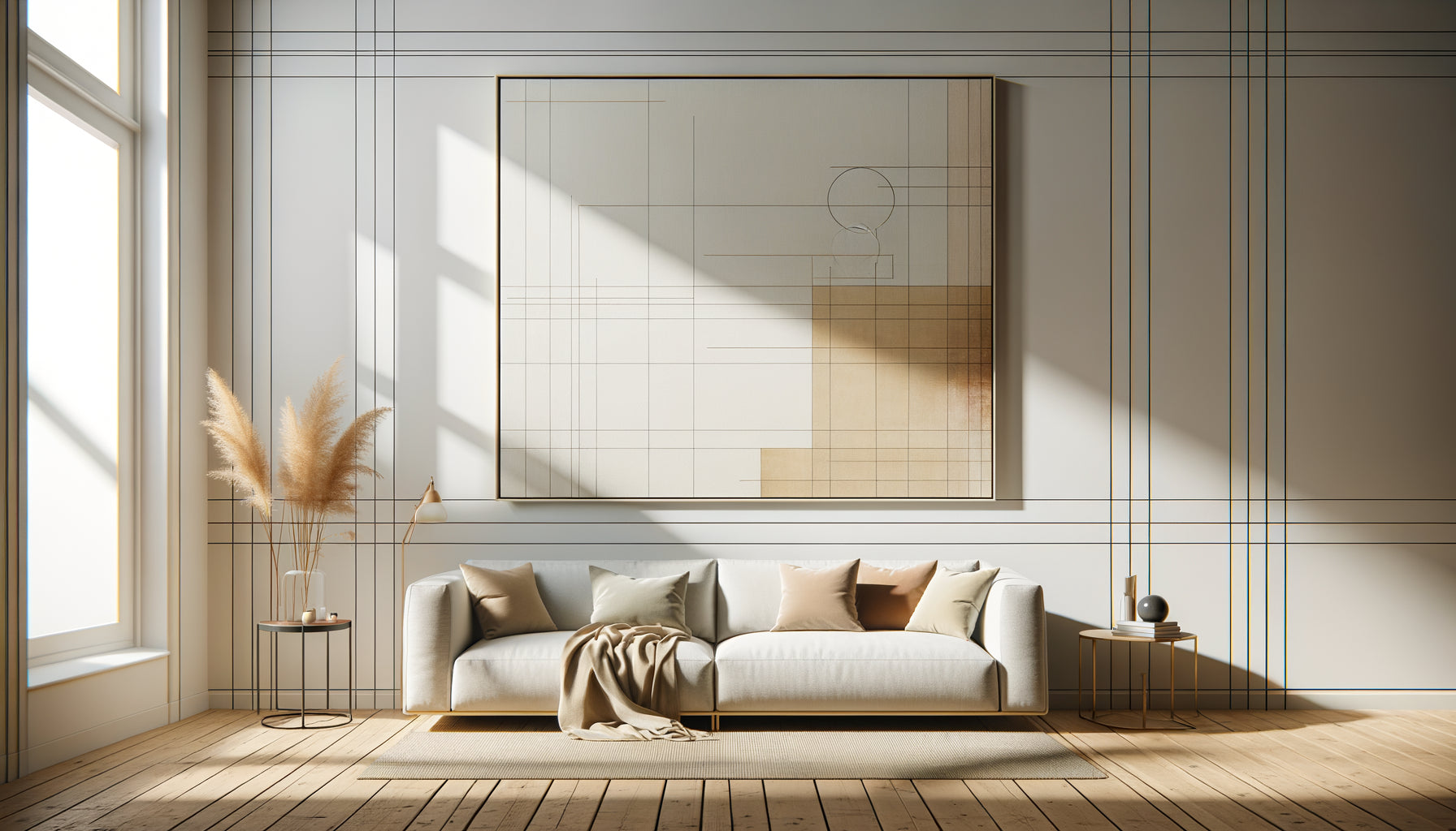 Tableau contemporain occupant deux tiers d'un mur blanc dans un intérieur moderne démontrant les proportions idéales