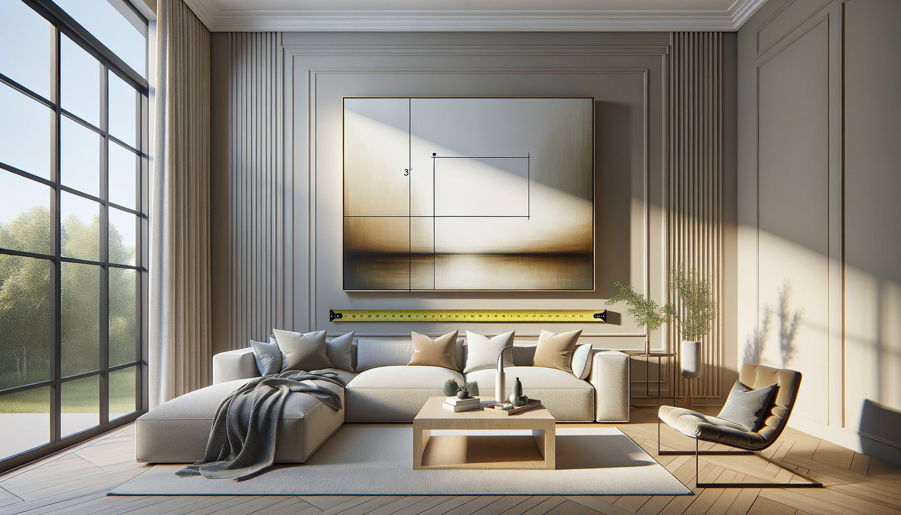 Intérieur contemporain démontrant les proportions idéales entre tableau et canapé selon la règle des deux tiers