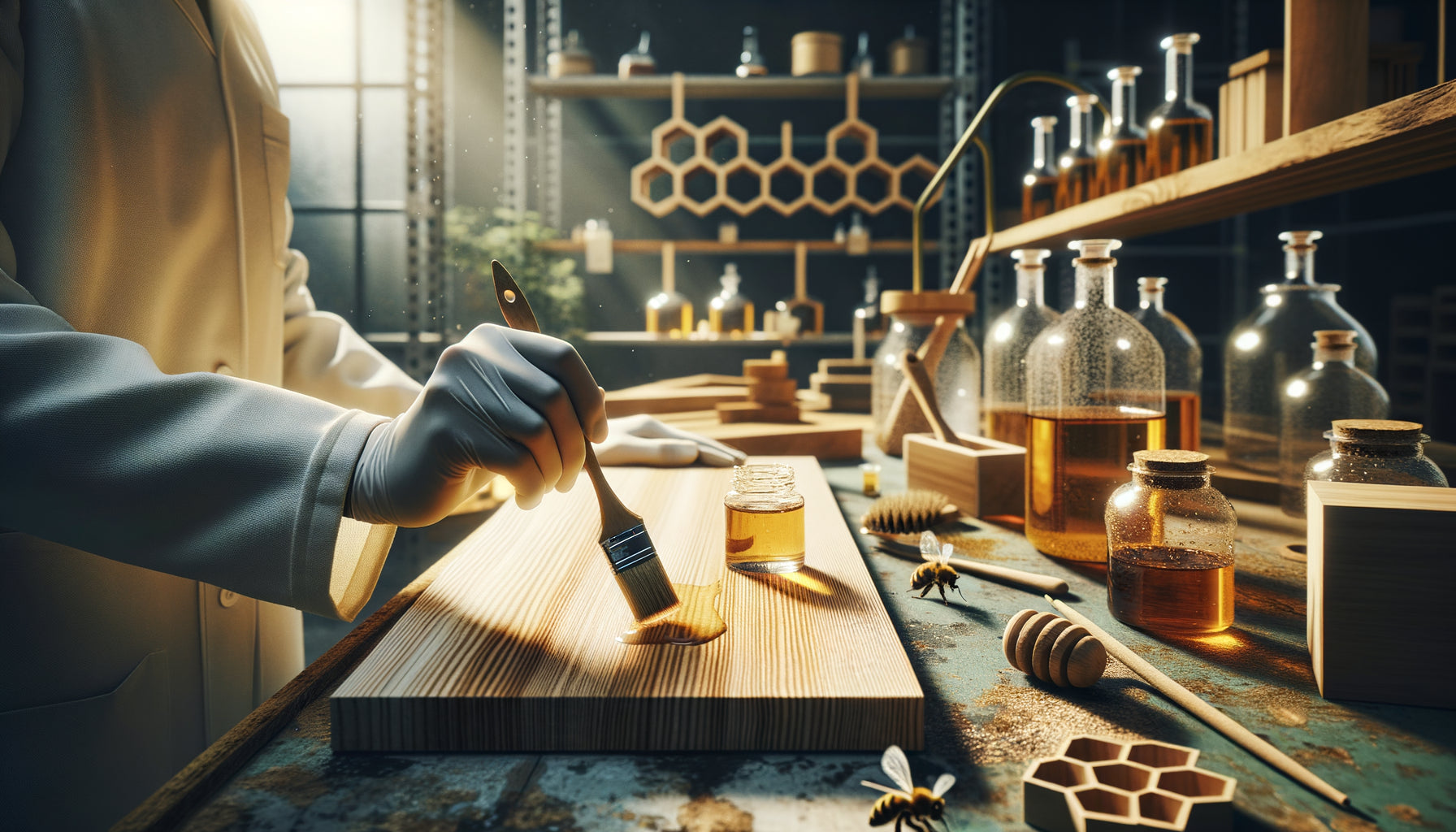 Application professionnelle de vernis à l'eau écologique sur bois naturel, huiles et cires sans COV en arrière-plan