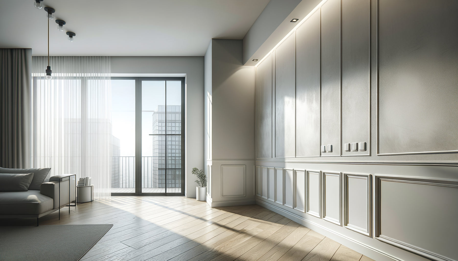 Mur d'appartement locatif protégé par des renforts transparents anti-chocs et cornières de protection