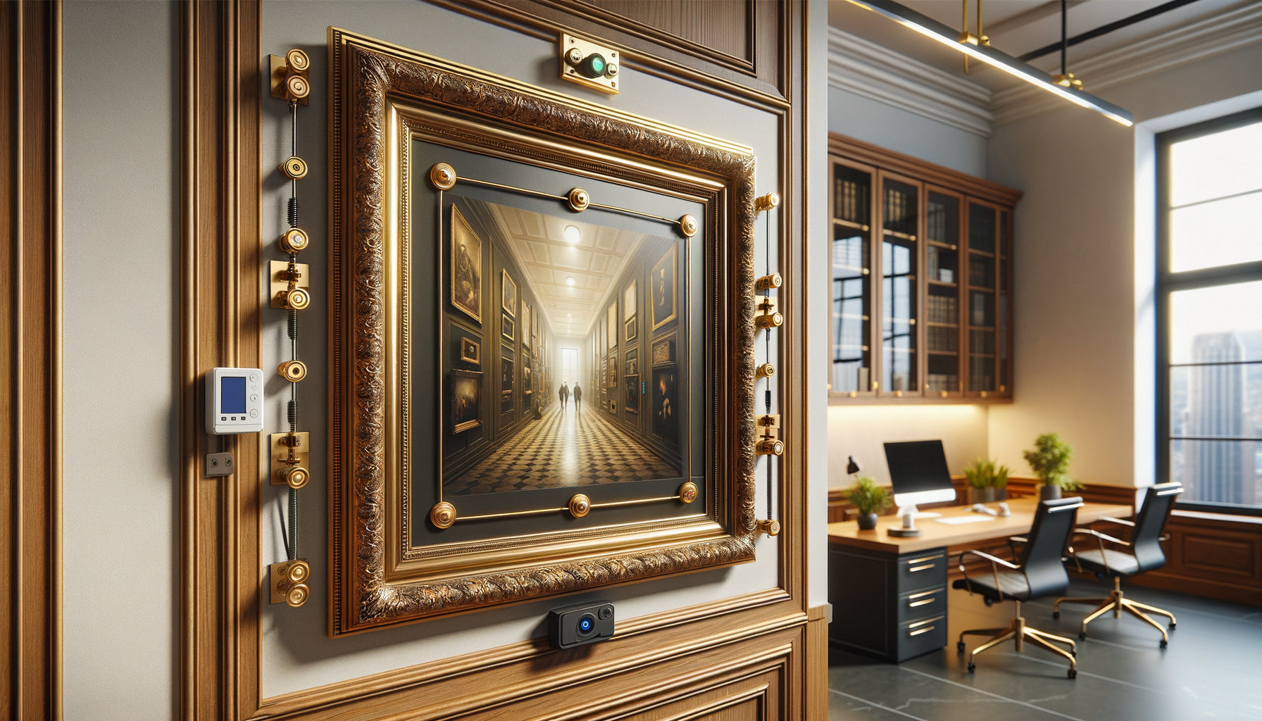 Système de sécurisation discret pour tableau de valeur avec ancrages métalliques, vitrage protecteur et capteur électronique dans un cabinet professionnel