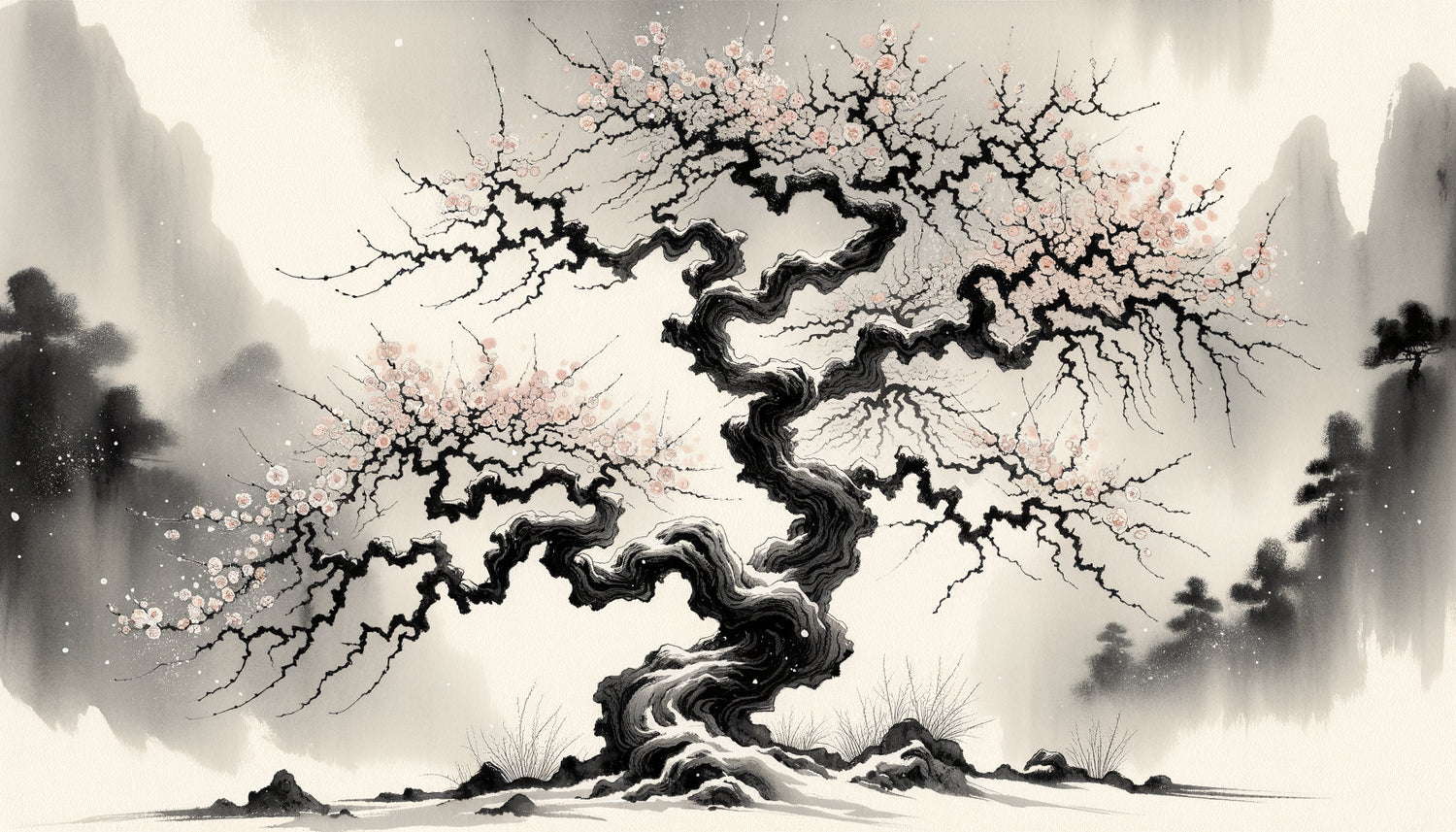 Peinture traditionnelle à l'encre d'Asie orientale représentant un prunier aux branches noueuses fleuri en hiver, symbolisant la résilience
