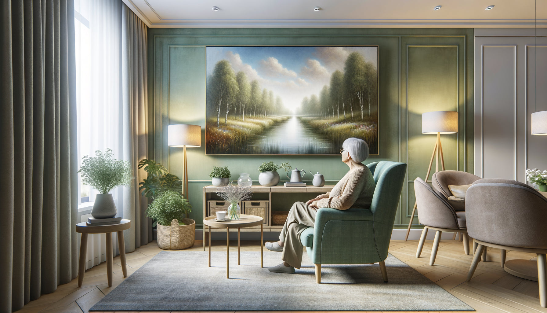 Senior contemplant un tableau apaisant dans une chambre gérontologique aux couleurs thérapeutiques douces