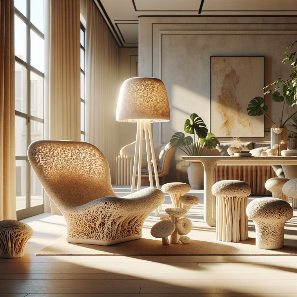 Mobilier design biologique fabriqué avec champignons mycélium et algues dans intérieur moderne durable