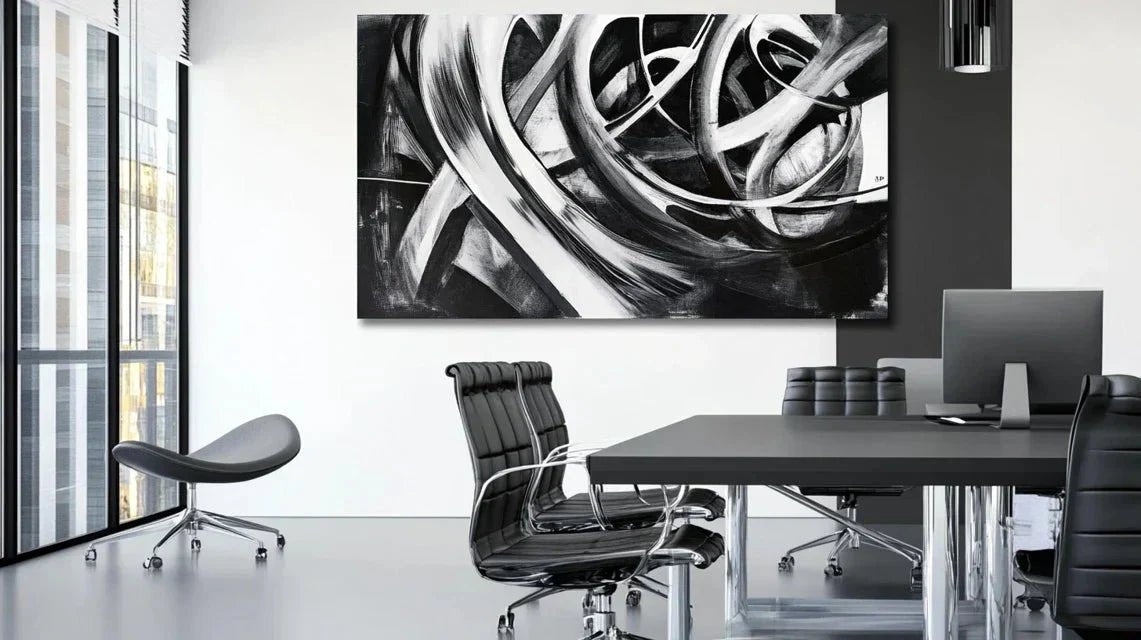 Quel tableau abstrait noir et blanc choisir pour une salle de réunion design futuriste ?