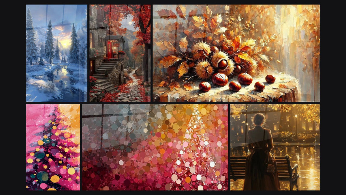 Mosaïque de six tableaux, dont Paysage Éclat Matinal, Paysage Urbain Escalier de Pierre et Sapin Aurore Rose et Or