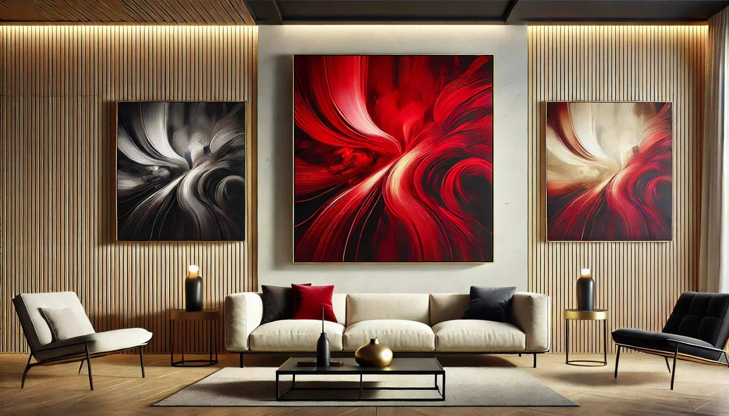 Tableau abstrait rouge encadré dans un intérieur moderne, avec différentes options de cadres (noir, blanc, doré, bois) pour une décoration murale harmonieuse.