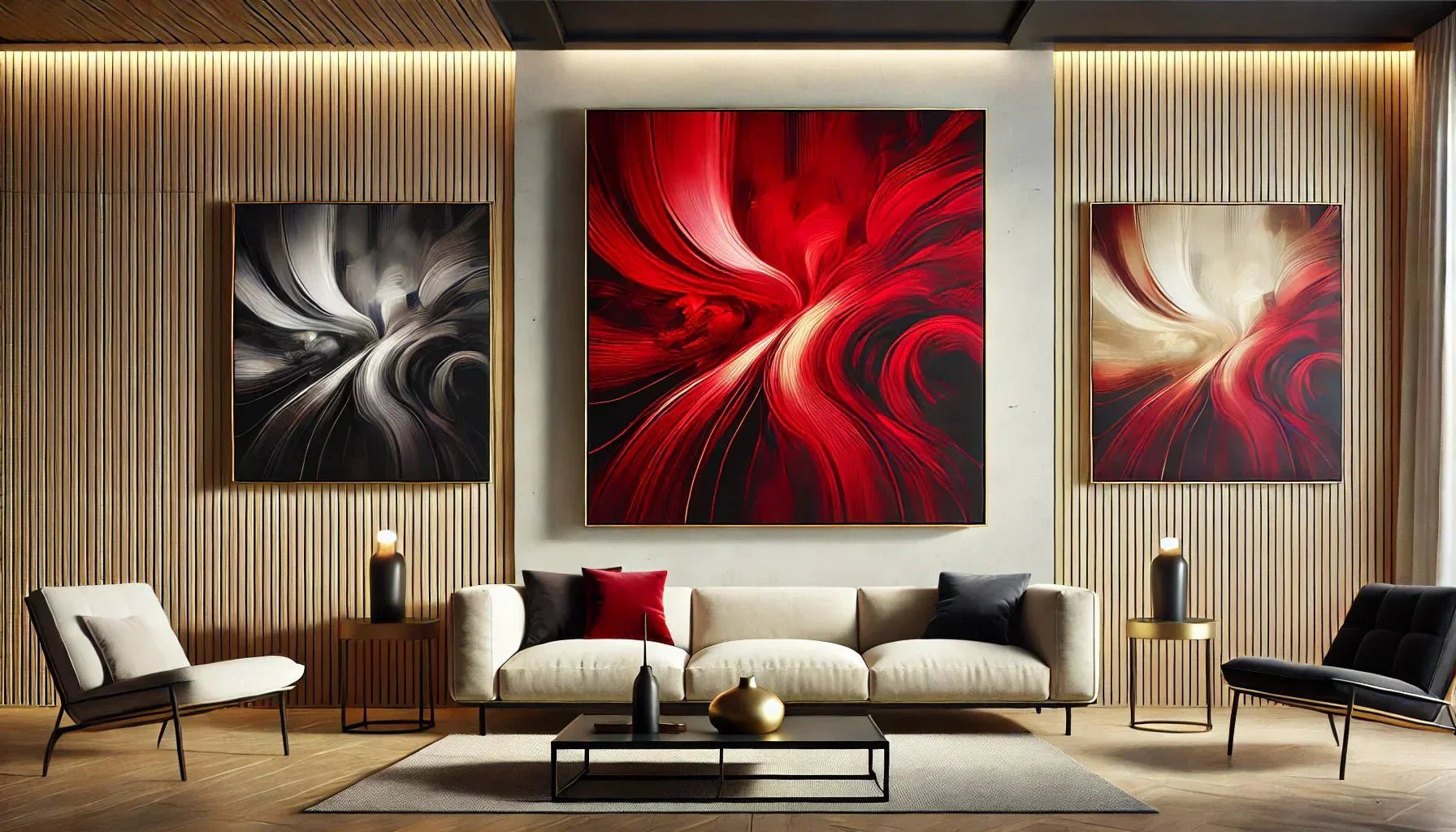 Tableau abstrait rouge encadré dans un intérieur moderne, avec différentes options de cadres (noir, blanc, doré, bois) pour une décoration murale harmonieuse.