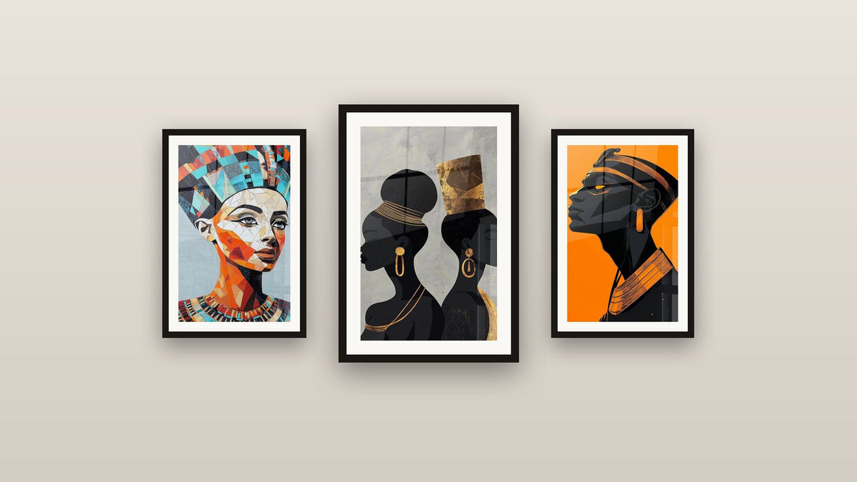 Gallery wall with three framed paintings, including Women Wall Art Royal Elegance and African Woman Goddess of Bronze