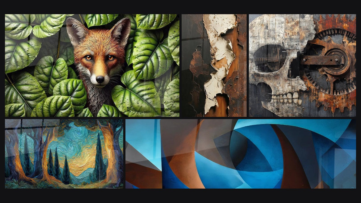 Mosaico de cinco cuadros, entre ellos Entre Verde y Fuego, Bosque impresionista y Formas curvas entrelazadas