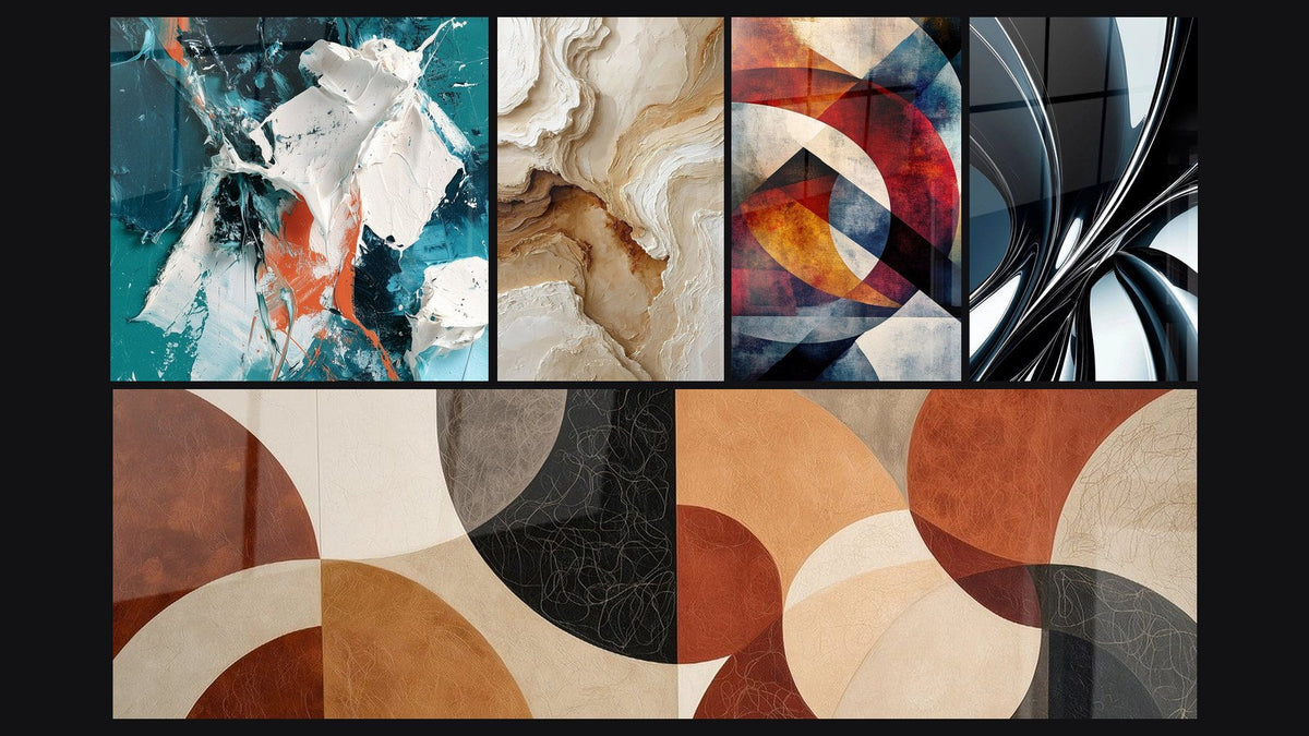 Mosaico de cinco cuadros, entre ellos Blanco Brillante y Sarcelle en Relieve y Abstracto Texturizado Beige y Ocre