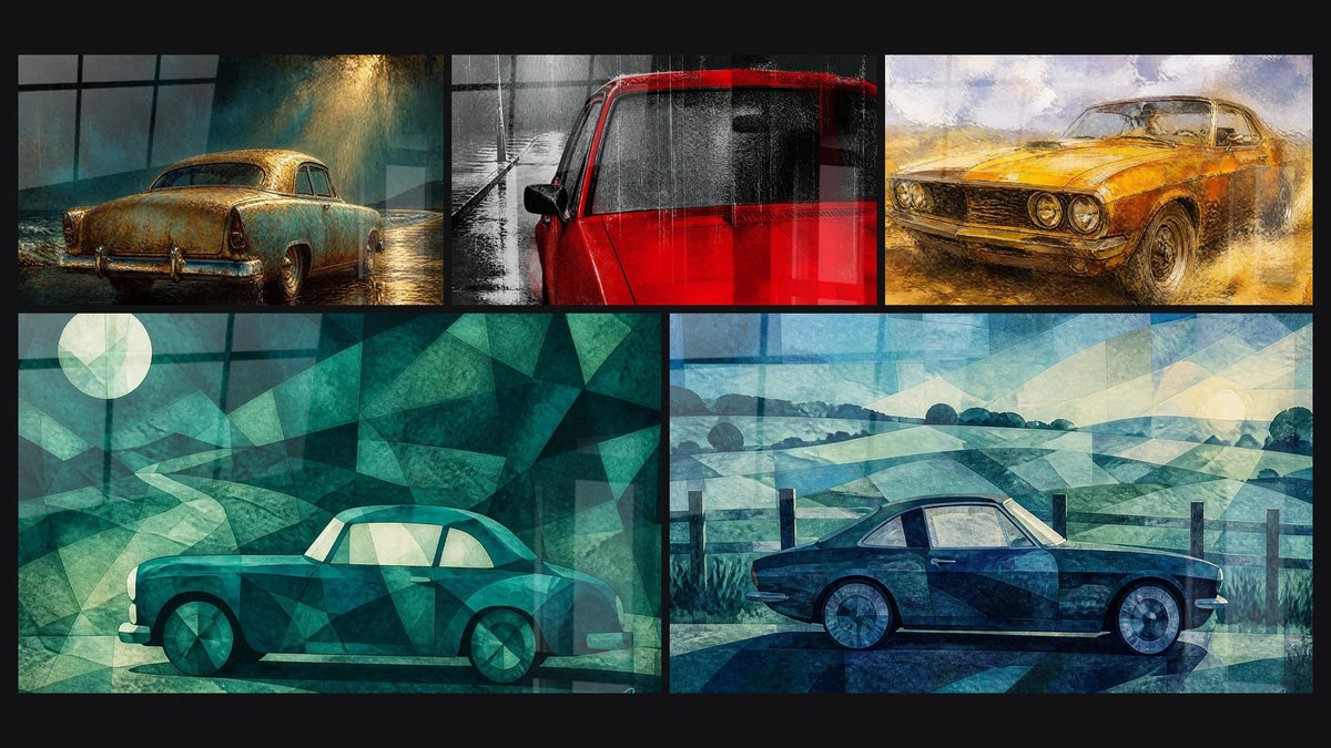 Mosaïque de cinq tableaux, dont Rouge et gris sous la pluie et Muscle car jaune et bleu ciel poussiéreux