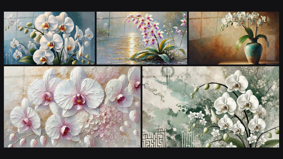 Mozaïek van vijf schilderijen, waaronder Orchideeën in Schemering en Zen Orchideeën