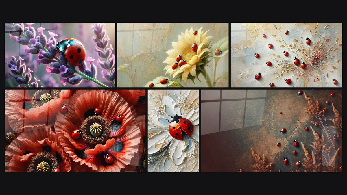 Mosaic of six paintings, including Violet Perfume, Enchanted Garden and Red Brilliance