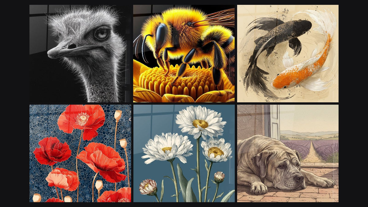 Mosaïque de six tableaux, dont Abeille dorée noire sur fleur détaillée et Coquelicots rouge et bleu marine détaillés